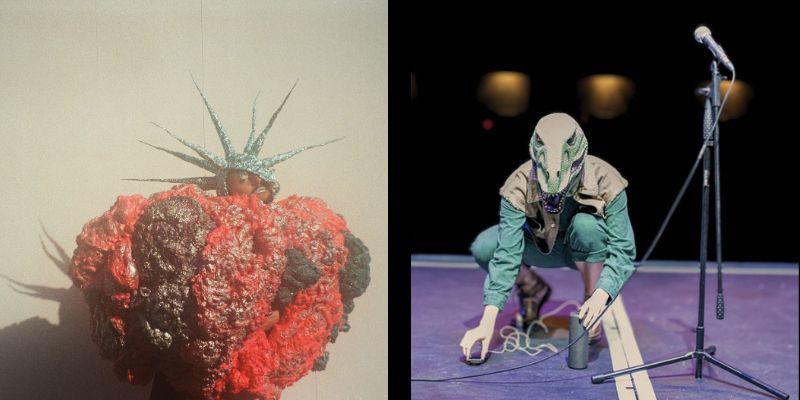 Left: Artist K Walker is dressed in a big, puffy round red creation and wears a large spikey headdress.
Right: Artist K Walker wears a dinosaur mask. they are crouched on a stage by a standing microphone