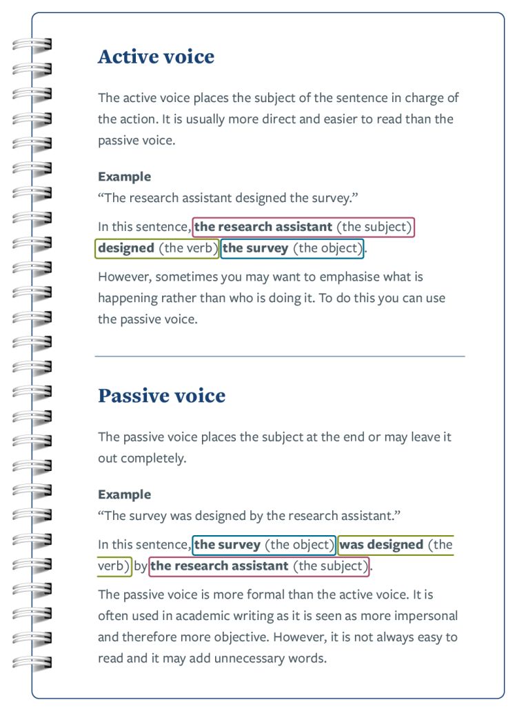 Image of notebook with example of active and passive language.