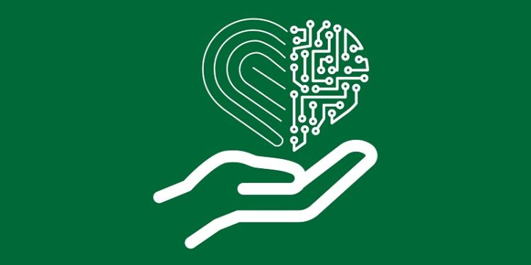 graphic of a cupped hand with a heart above made from circuitry