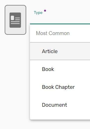 A screenshot that shows the Type menu showing various types, including Article, Book and Book Chapter