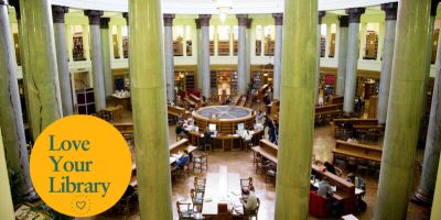 View of Brotherton Reading Room at the University of Leeds. The Love Your Library logo is in the bottom left hand corner.