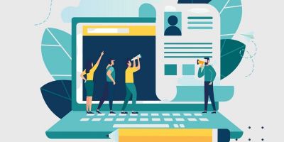 A graphic illustration of tiny people on a laptop sharing their work.