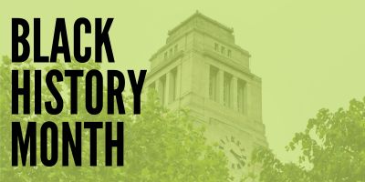 Parkinson Tower with a green overlay and the words Black History Month.