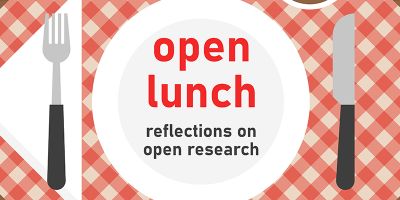Graphic showing a set dinner table with the text "open lunch: reflections on open research"