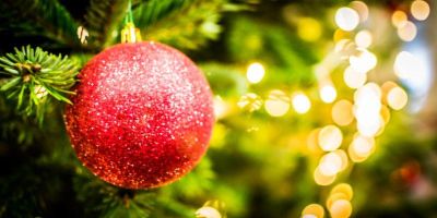A close-up of a red bauble on a Christmas tree