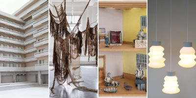 Four images in a row. Left to right: a close up of an architectural model of a block of flats; a hanging sculpture made from hessian fabric; a close up of the inside of a model house with ceramic people; three hanging lamps against a grey background