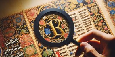 A digital image of a medieval manuscript is being examined by a magnifying glass