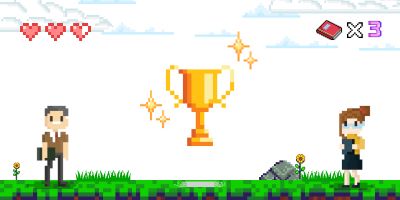 A video-game style card of two sprites approaching a trophy.
