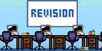 Pixel art of rows of desk under the heading of Revision
