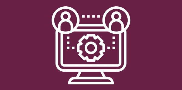 Graphic of a computer screen with a cog and two people connected together