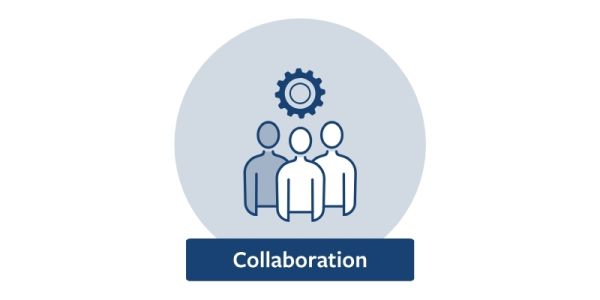 Three graphic outlines of people under a cog wheel