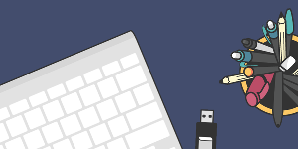 A graphic illustration of a keyboard and USB drive next to a a desk tidy full of pens.