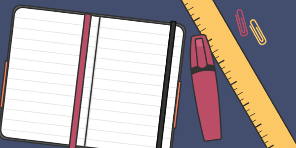 A graphic illustration of a notebook, a pen, a ruler and two paperclips.