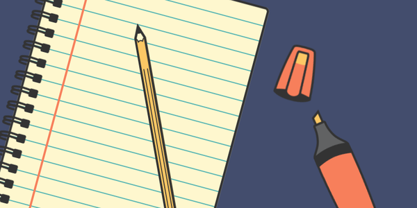 A graphic showing an illustration of a pad of paper, a pencil and a highlighter pen.