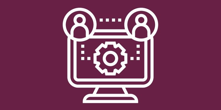 Graphic of a computer screen with a cog and two people connected together