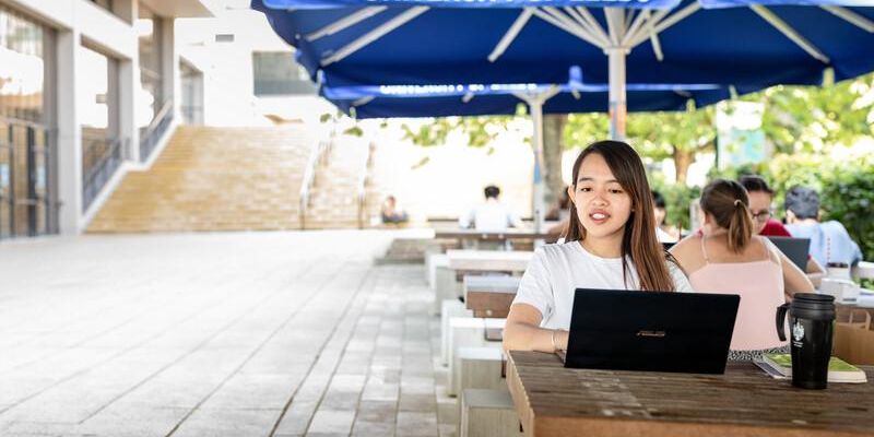A student sits on the the benches outside Edward Boyle Library working at a laptop.