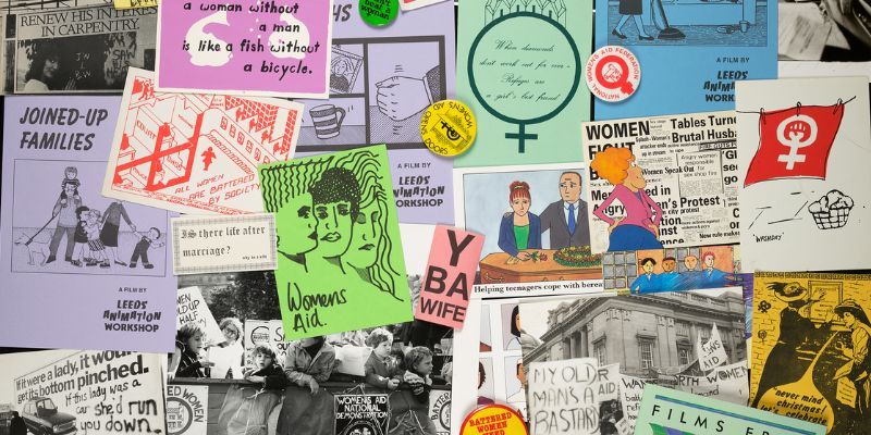 A colourful selection of flyers, postcards and badges from Women's Aid, Leeds Animation Workshop and Feminist Archive North.